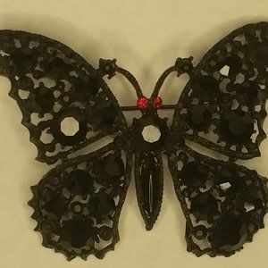 WEISS RARE Vintage BLACK Rhinestone BUTTERFLY Pin